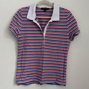 Tommy Hilfiger Women's Multicolor Striped Short Sleeve Button Down Polo Shirt